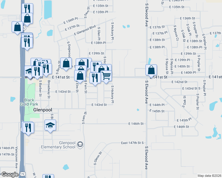 map of restaurants, bars, coffee shops, grocery stores, and more near 785 East 142nd Street in Glenpool