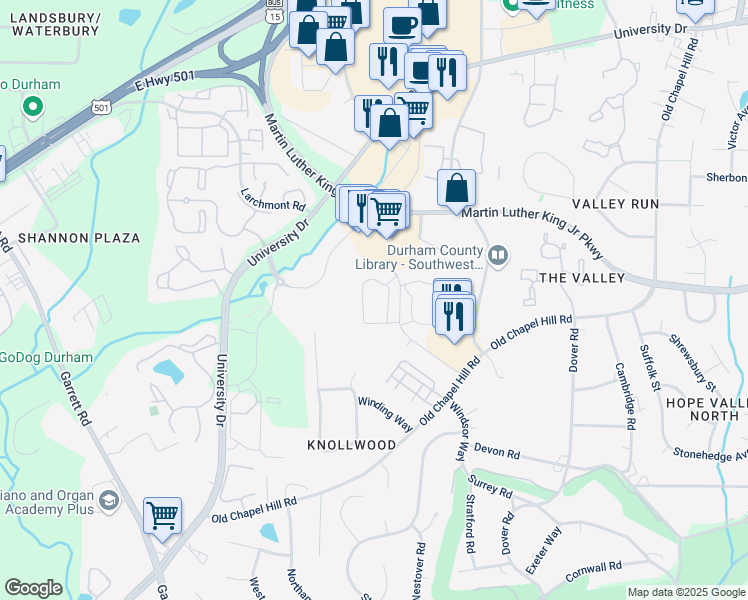 map of restaurants, bars, coffee shops, grocery stores, and more near 1801 Williamsburg Road in Durham