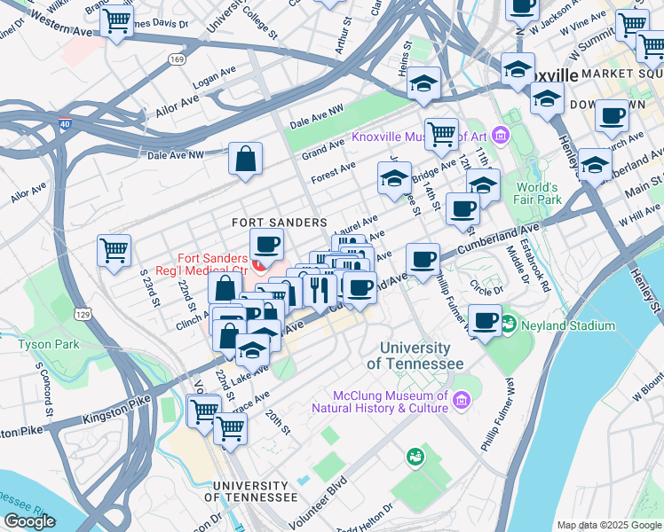map of restaurants, bars, coffee shops, grocery stores, and more near 1712 Clinch Avenue in Knoxville