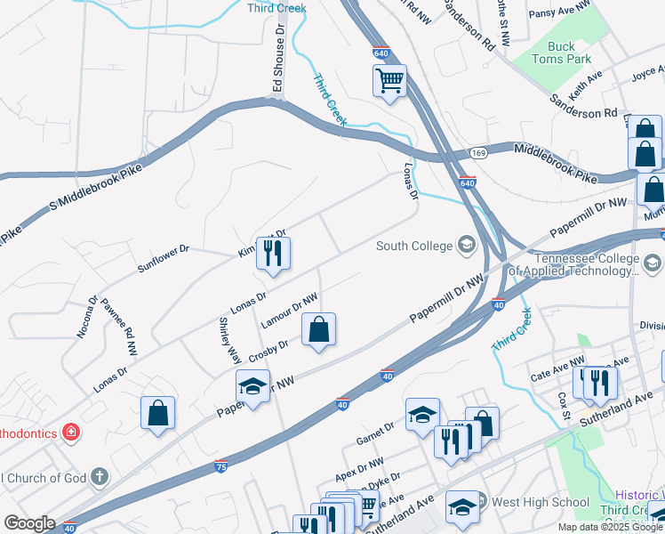 map of restaurants, bars, coffee shops, grocery stores, and more near 4215 Lonas Drive in Knoxville