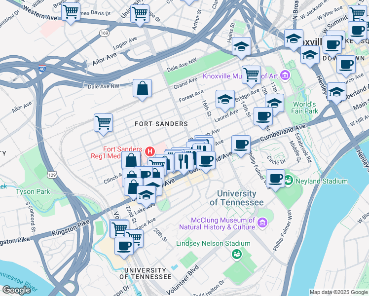 map of restaurants, bars, coffee shops, grocery stores, and more near 1712 Clinch Avenue in Knoxville