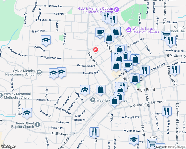 map of restaurants, bars, coffee shops, grocery stores, and more near 501 Ferndale Boulevard in High Point