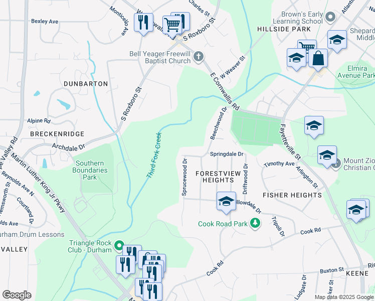 map of restaurants, bars, coffee shops, grocery stores, and more near 801 Springdale Drive in Durham