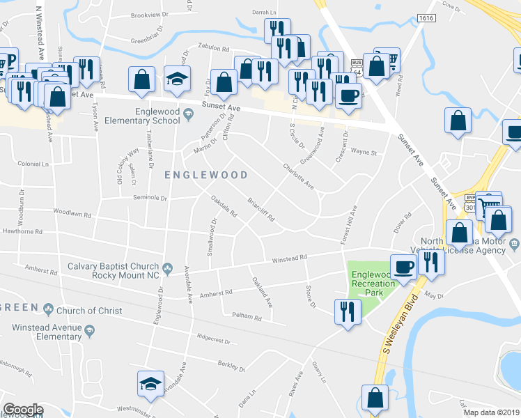 map of restaurants, bars, coffee shops, grocery stores, and more near 501 Greenwood Avenue in Rocky Mount