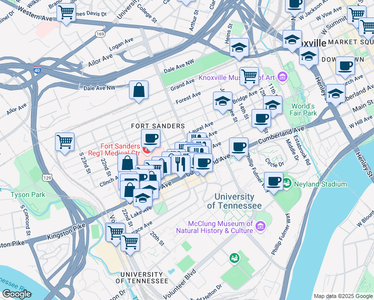map of restaurants, bars, coffee shops, grocery stores, and more near in Knoxville
