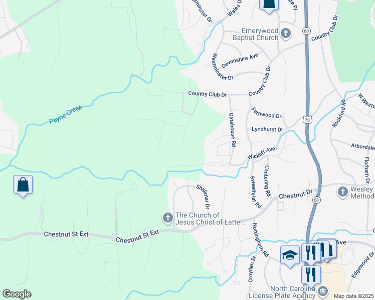 map of restaurants, bars, coffee shops, grocery stores, and more near 1753 Country Club Drive in High Point