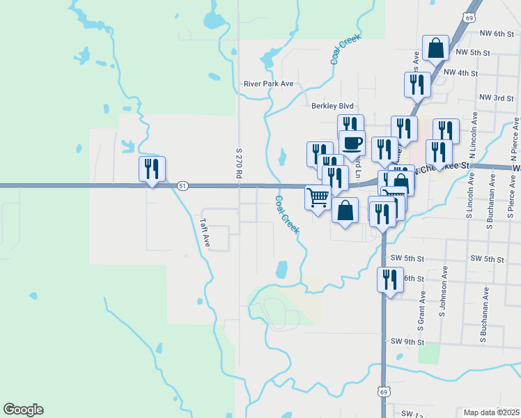 map of restaurants, bars, coffee shops, grocery stores, and more near 201 South Mary Avenue in Wagoner