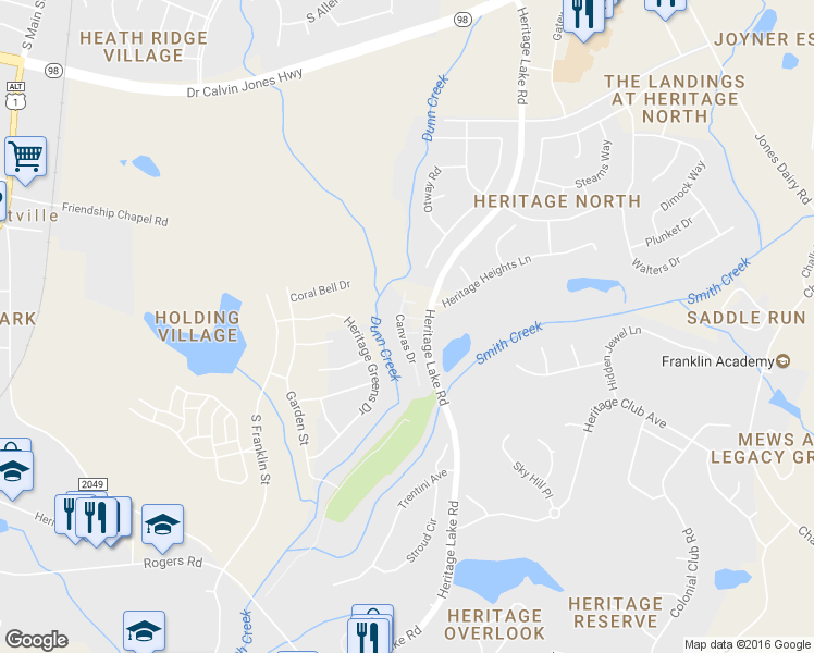 map of restaurants, bars, coffee shops, grocery stores, and more near 1102 Front Gate Lane in Wake Forest
