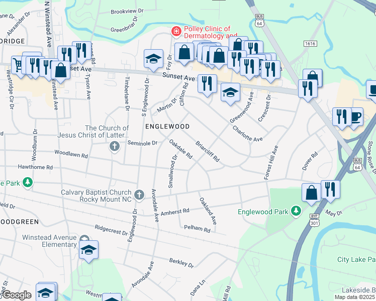 map of restaurants, bars, coffee shops, grocery stores, and more near 312 Oakdale Road in Rocky Mount