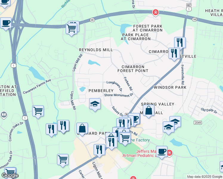 map of restaurants, bars, coffee shops, grocery stores, and more near 1719 Lambton Avenue in Wake Forest