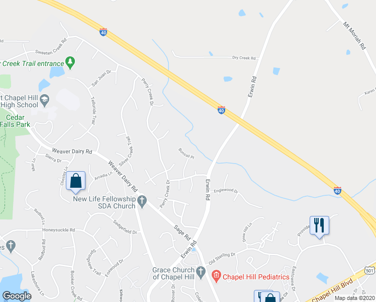 map of restaurants, bars, coffee shops, grocery stores, and more near 200 Bonsail Pl in Chapel Hill