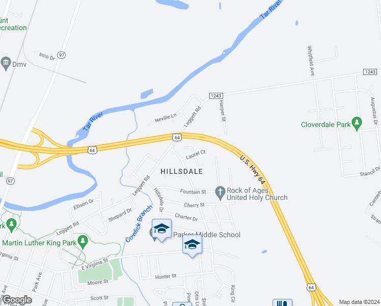 map of restaurants, bars, coffee shops, grocery stores, and more near 100 Zinnia Court in Rocky Mount