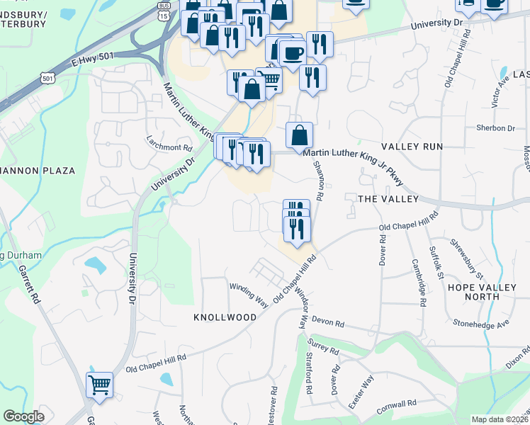 map of restaurants, bars, coffee shops, grocery stores, and more near 1810 Williamsburg Road in Durham
