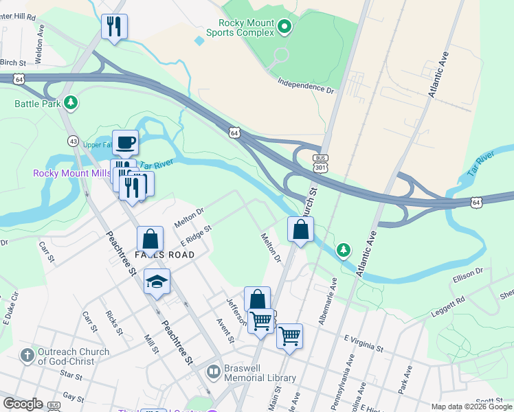 map of restaurants, bars, coffee shops, grocery stores, and more near 301-399 East Ridge Street in Rocky Mount