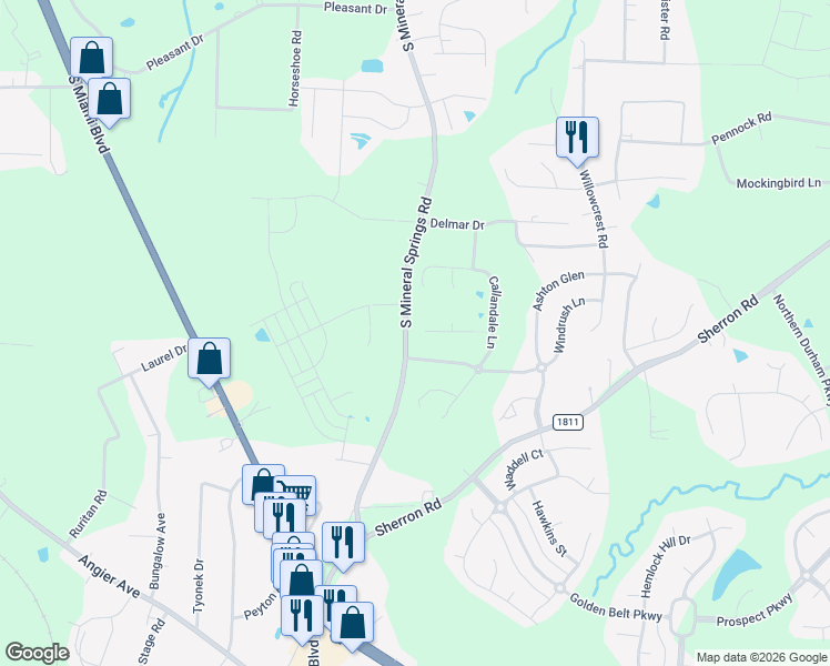 map of restaurants, bars, coffee shops, grocery stores, and more near 1600 South Mineral Springs Road in Durham