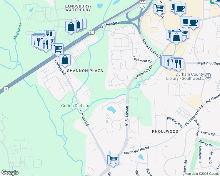 map of restaurants, bars, coffee shops, grocery stores, and more near 4600 University Drive in Durham