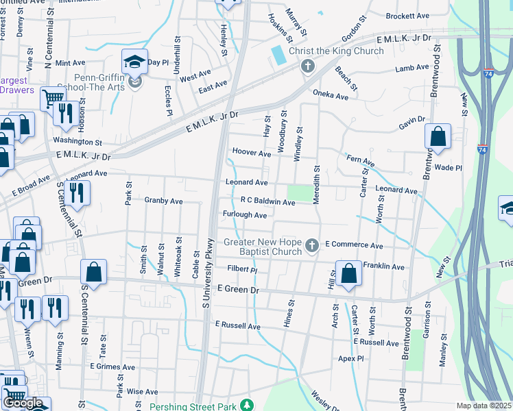 map of restaurants, bars, coffee shops, grocery stores, and more near 1308 R C Baldwin Avenue in High Point
