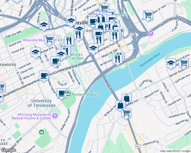 map of restaurants, bars, coffee shops, grocery stores, and more near 801 Front Avenue in Knoxville
