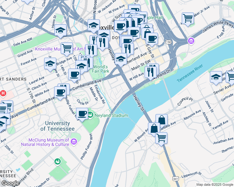 map of restaurants, bars, coffee shops, grocery stores, and more near 818 West Hill Avenue in Knoxville