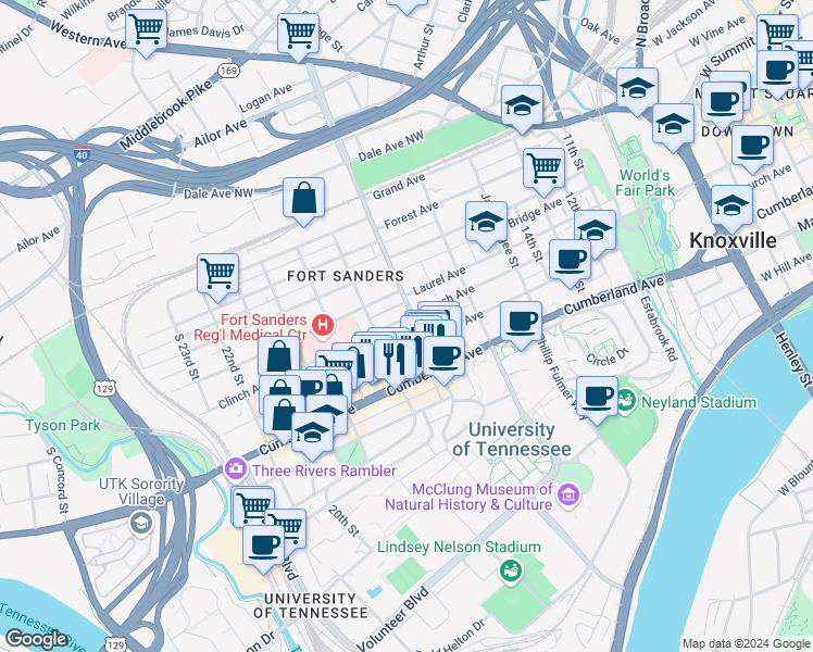map of restaurants, bars, coffee shops, grocery stores, and more near in Knoxville