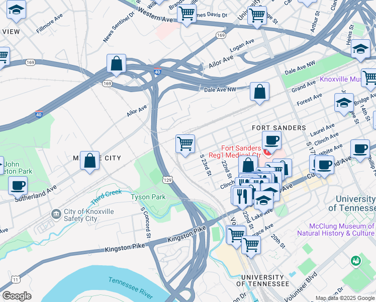 map of restaurants, bars, coffee shops, grocery stores, and more near 2315 Forest Avenue in Knoxville