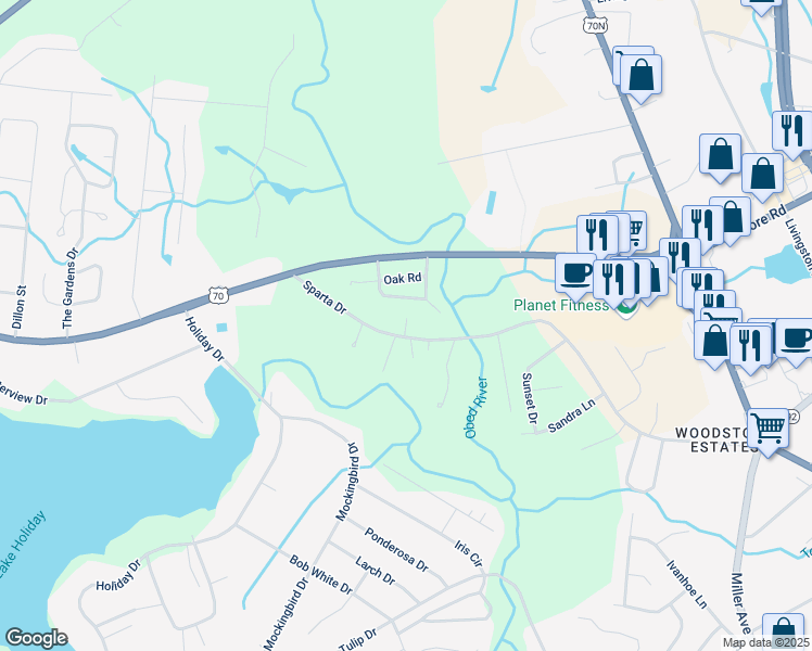 map of restaurants, bars, coffee shops, grocery stores, and more near 952 Sparta Drive in Crossville