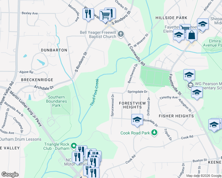map of restaurants, bars, coffee shops, grocery stores, and more near 707 Springdale Drive in Durham