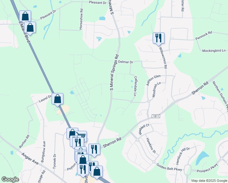 map of restaurants, bars, coffee shops, grocery stores, and more near 1600 South Mineral Springs Road in Durham
