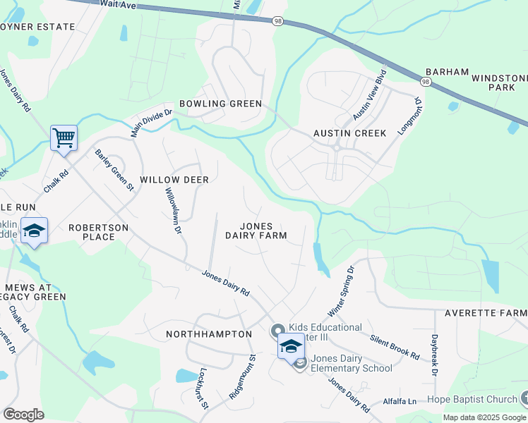 map of restaurants, bars, coffee shops, grocery stores, and more near 6316 Charmco Court in Wake Forest