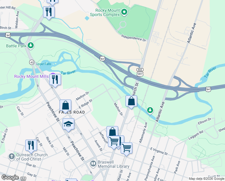 map of restaurants, bars, coffee shops, grocery stores, and more near 313 Morgan St in Rocky Mt