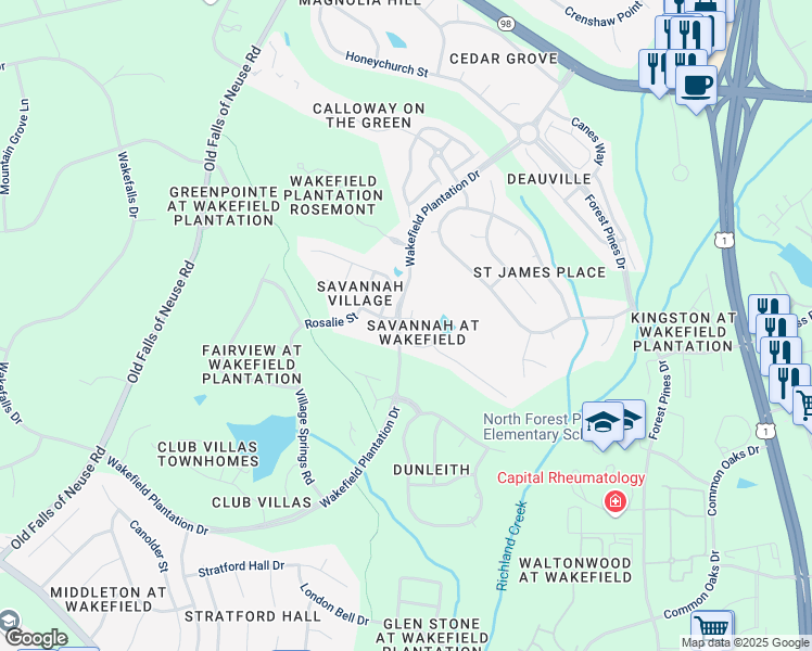 map of restaurants, bars, coffee shops, grocery stores, and more near 2700 Charleston Oaks Drive in Raleigh