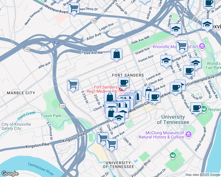 map of restaurants, bars, coffee shops, grocery stores, and more near 2002 Highland Avenue in Knoxville