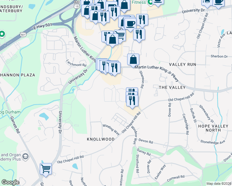 map of restaurants, bars, coffee shops, grocery stores, and more near 1810 Williamsburg Road in Durham