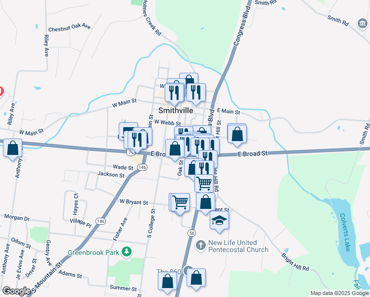 map of restaurants, bars, coffee shops, grocery stores, and more near 404 S 3rd St in Smithville