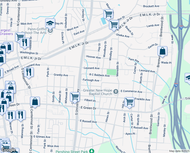 map of restaurants, bars, coffee shops, grocery stores, and more near 1308 R C Baldwin Avenue in High Point