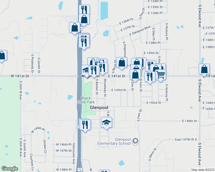 map of restaurants, bars, coffee shops, grocery stores, and more near 14257 S Broadway St in Glenpool