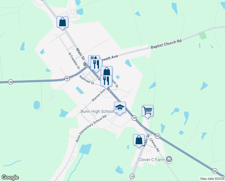 map of restaurants, bars, coffee shops, grocery stores, and more near 435 Main Street in Bunn