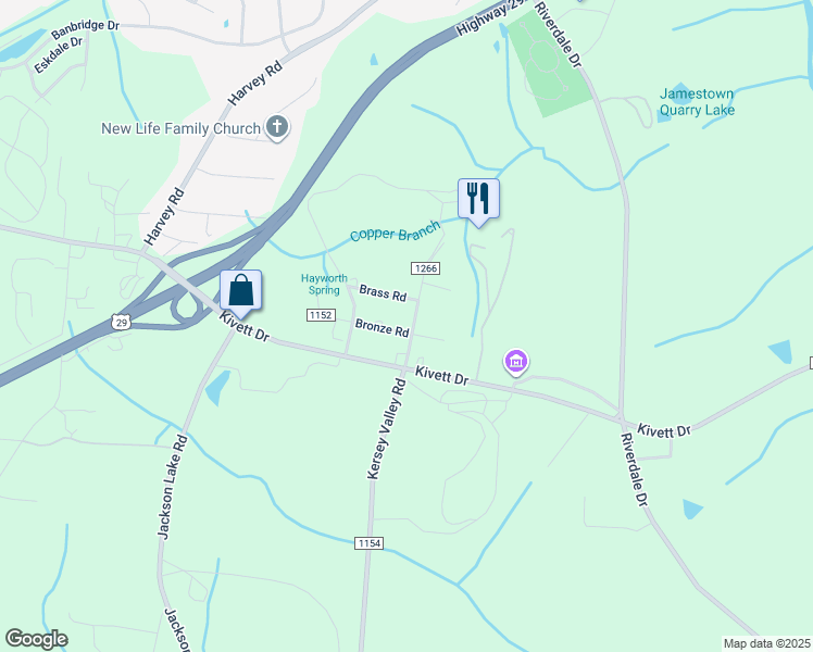 map of restaurants, bars, coffee shops, grocery stores, and more near 6600 Bronze Road in Jamestown
