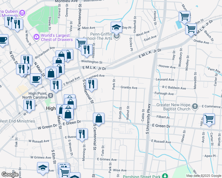 map of restaurants, bars, coffee shops, grocery stores, and more near 611 Granby Avenue in High Point
