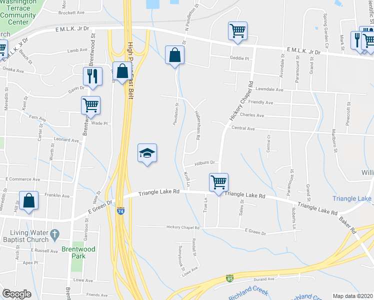 map of restaurants, bars, coffee shops, grocery stores, and more near 722 Habersham Road in High Point