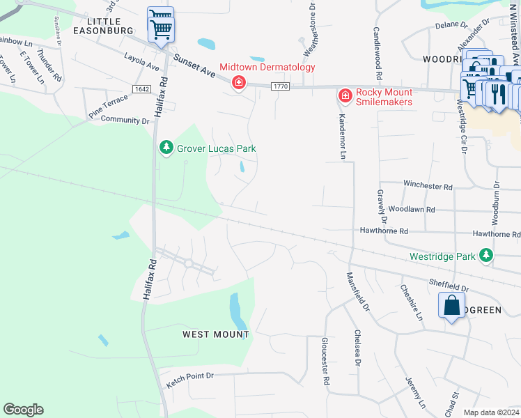 map of restaurants, bars, coffee shops, grocery stores, and more near 4164 Meadowview Lane in Rocky Mount