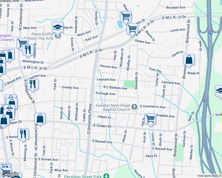 map of restaurants, bars, coffee shops, grocery stores, and more near 1308 R C Baldwin Avenue in High Point