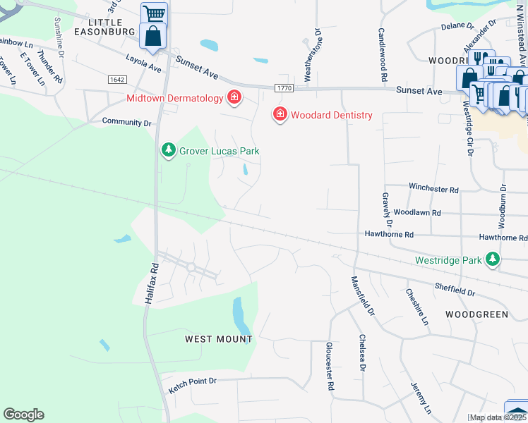 map of restaurants, bars, coffee shops, grocery stores, and more near 4164 Meadowview Lane in Rocky Mount