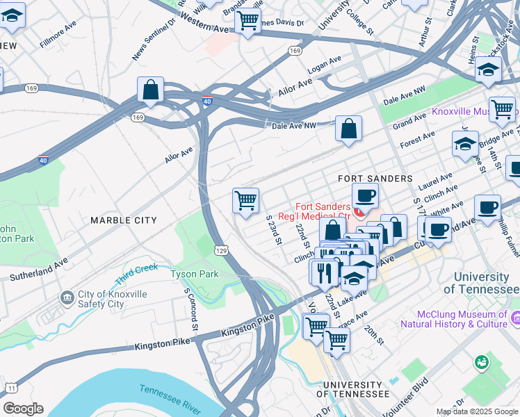 map of restaurants, bars, coffee shops, grocery stores, and more near 2301 Forest Avenue in Knoxville