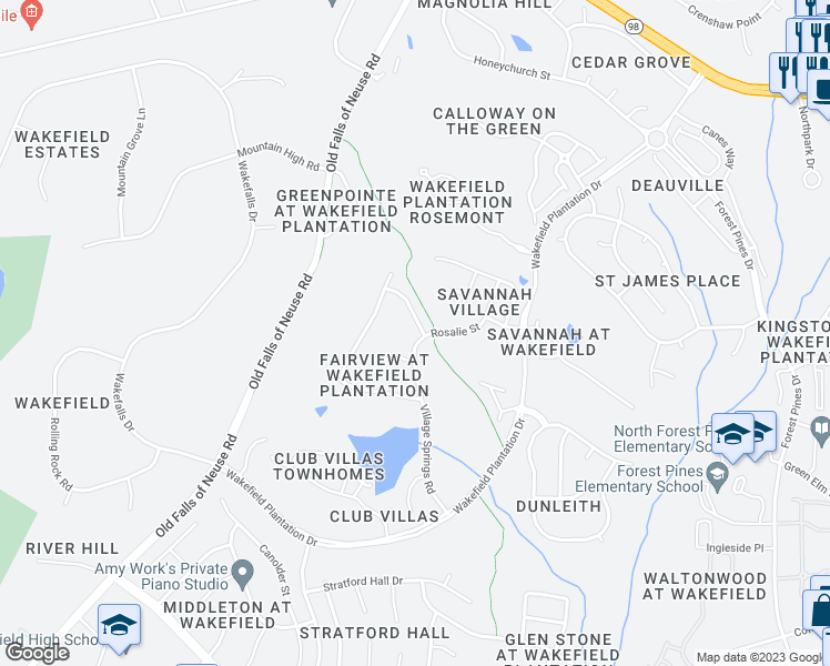 map of restaurants, bars, coffee shops, grocery stores, and more near 14421 Village Springs Road in Raleigh