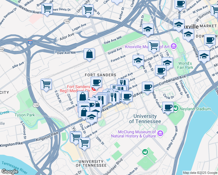 map of restaurants, bars, coffee shops, grocery stores, and more near 1733 Clinch Avenue in Knoxville