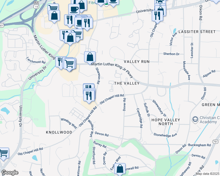 map of restaurants, bars, coffee shops, grocery stores, and more near 45 Cheswick Place in Durham