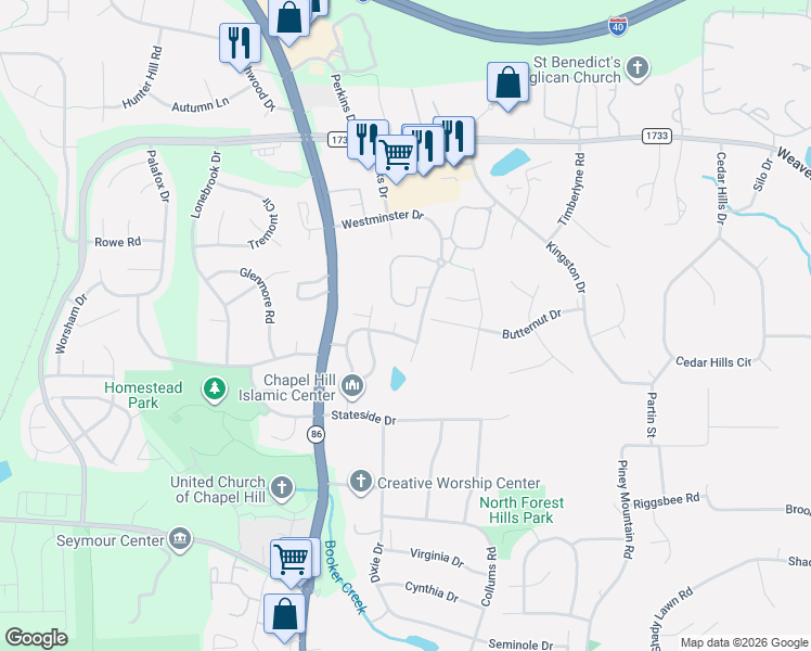 map of restaurants, bars, coffee shops, grocery stores, and more near 102 Adrians Place in Chapel Hill