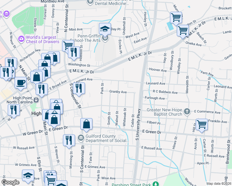 map of restaurants, bars, coffee shops, grocery stores, and more near 400 Walnut Street in High Point