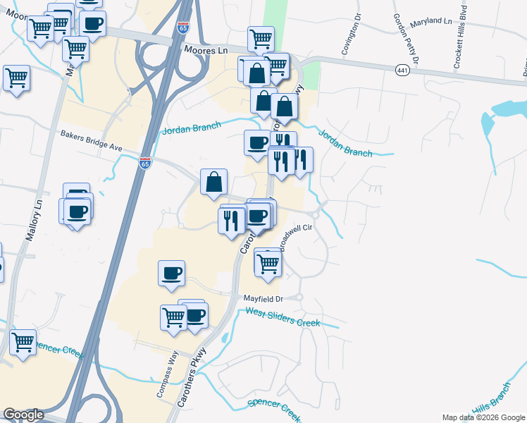 map of restaurants, bars, coffee shops, grocery stores, and more near 9050 Carothers Pkwy in Franklin